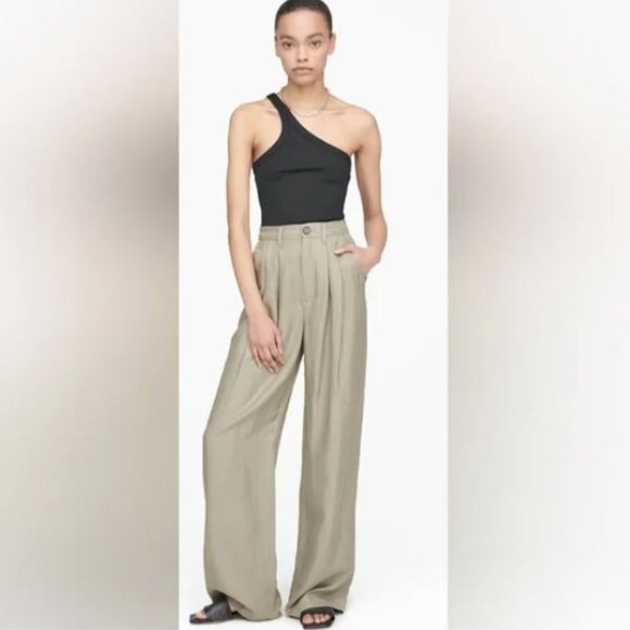 New Anine Bing Carrie Pleated Wide Leg Pants in green khaki Sz EU 34/US 4 - Picture 1 of 2
